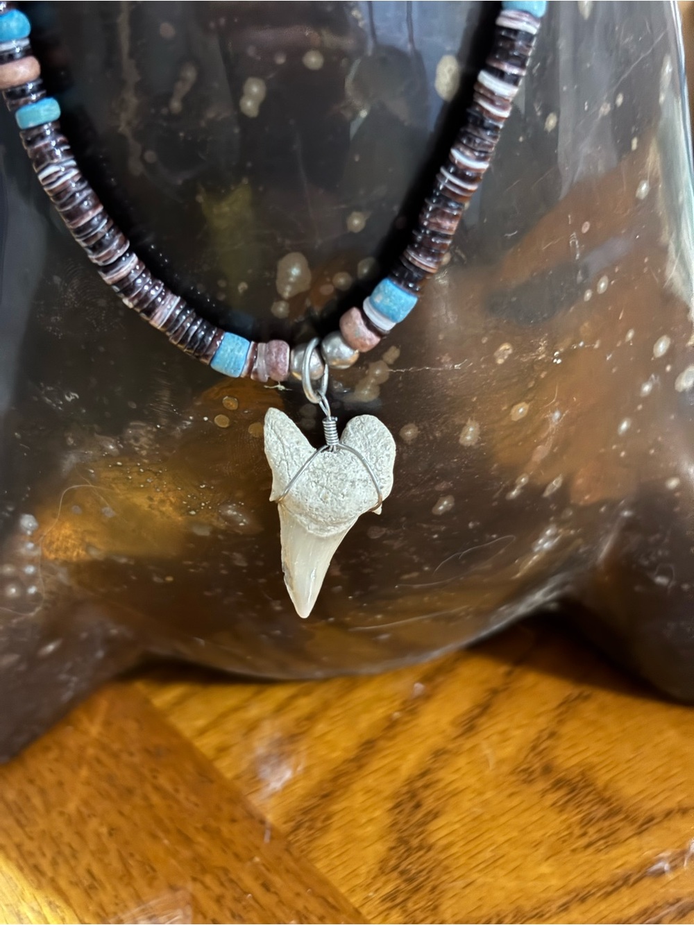 Beaded Turquoise & Brown Shark Tooth Pendant Necklace